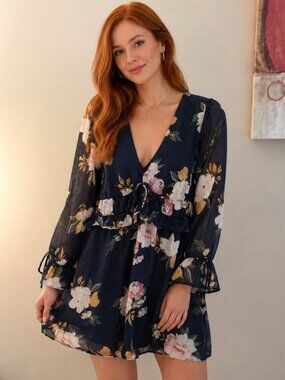 Navy Floral Mini Dress Size Large Cottagecore Whimsigoth Long Sleeve